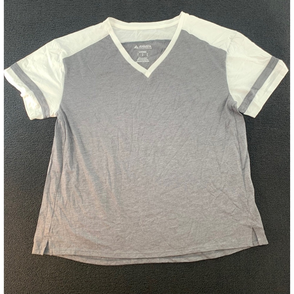 Augusta Sportswear Ladies V Neck T Shirt Gray White Athletic Short Sleeve Size L